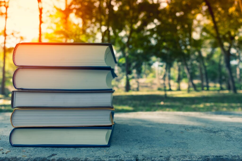 Bücherstapel auf einer Mauer im Hintergrund Bäume, durch die die Abensonne scheint
